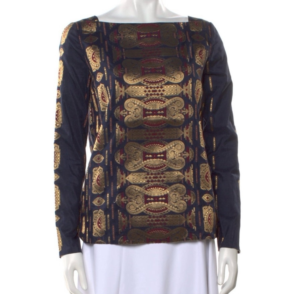 Tory Burch Silk Blouse in Navy and Gold With All Over Embroidery.
